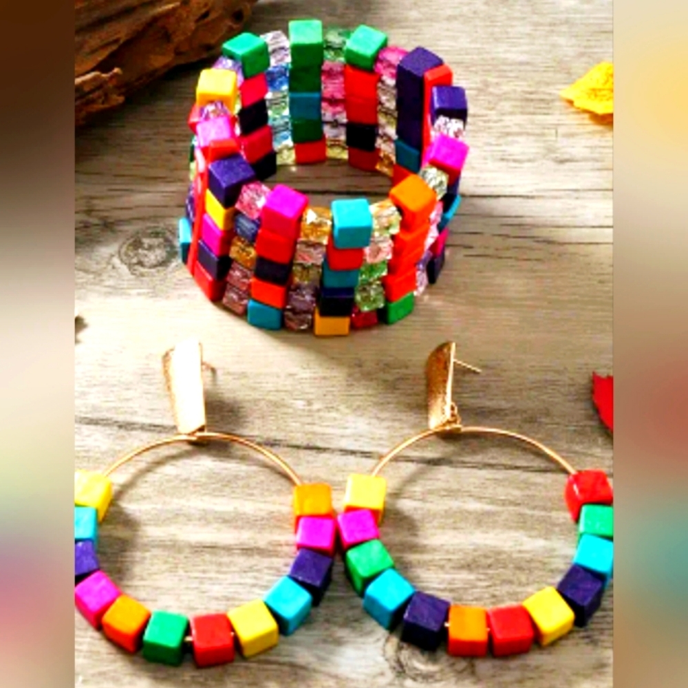 #0500 3pcs Set RAINBOW Beaded Bracelet and Earrings